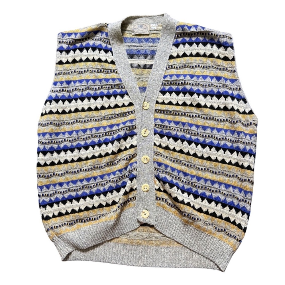Pronto Uomo Sweater Vest Mens XL Grey Multicolor Geometric Knit Button Italy